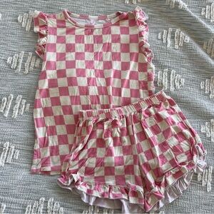 Girls Pink Checkered Pajama Set with Ruffle Trim